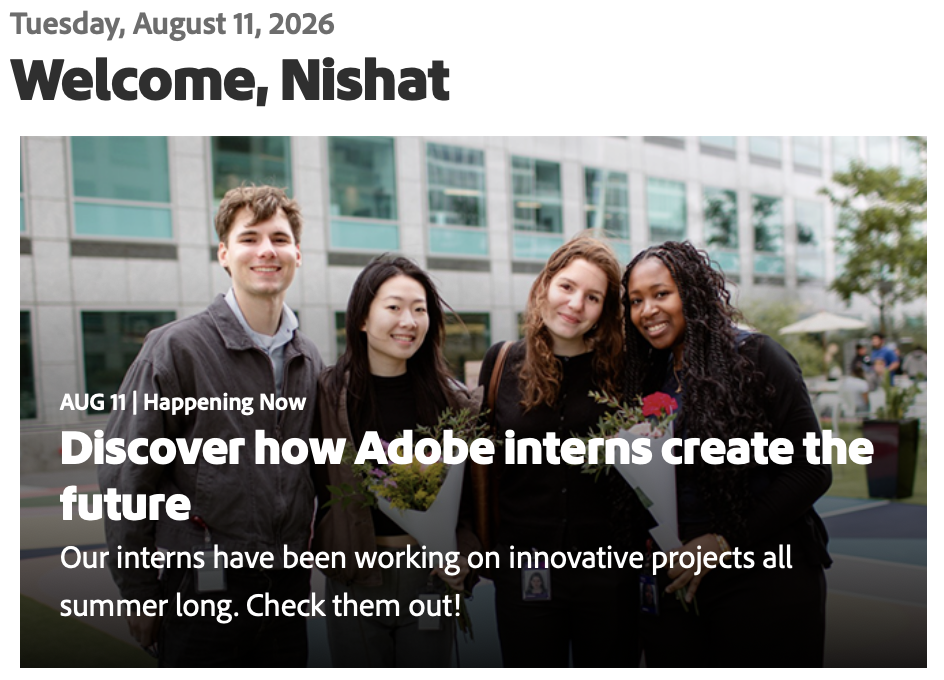 Adobe intern feature welcoming Nishat and highlighting intern projects