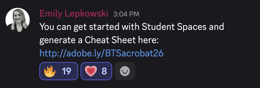 Discord message sharing the Student Spaces and Cheat Sheet launch link