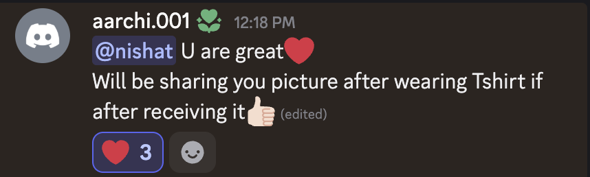 Discord message praising Nishat’s work